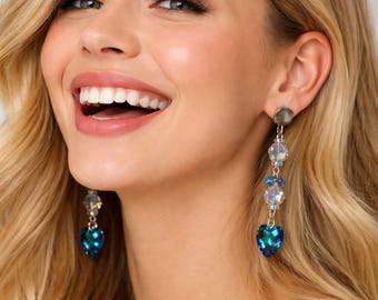 Blue Swarovski Crystal Heart Dangle Earrings, Elegant Statement Earrings, Bridal Gift, Sparkly Drop Earrings for Women