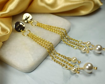 Modern Statement Gold Chain Pearl Drop Earrings, Long Dangle Earrings, Elegant Jewelry, Bridal Wedding Earrings, Vintage Style Gift for Her