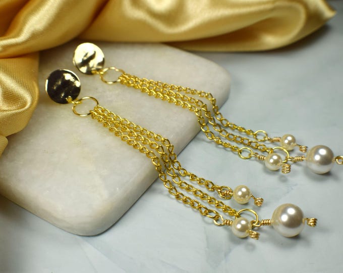 Modern Statement Gold Chain Pearl Drop Earrings, Long Dangle Earrings, Elegant Jewelry, Bridal Wedding Earrings, Vintage Style Gift for Her