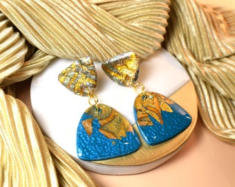 Blue & Gold Foil Clay Earrings: Boho Metallic Jewelry