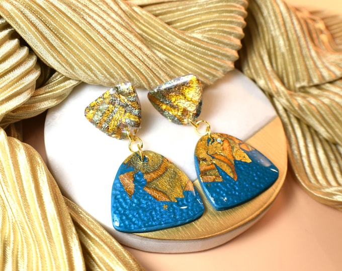 Blue & Gold Foil Clay Earrings: Boho Metallic Jewelry