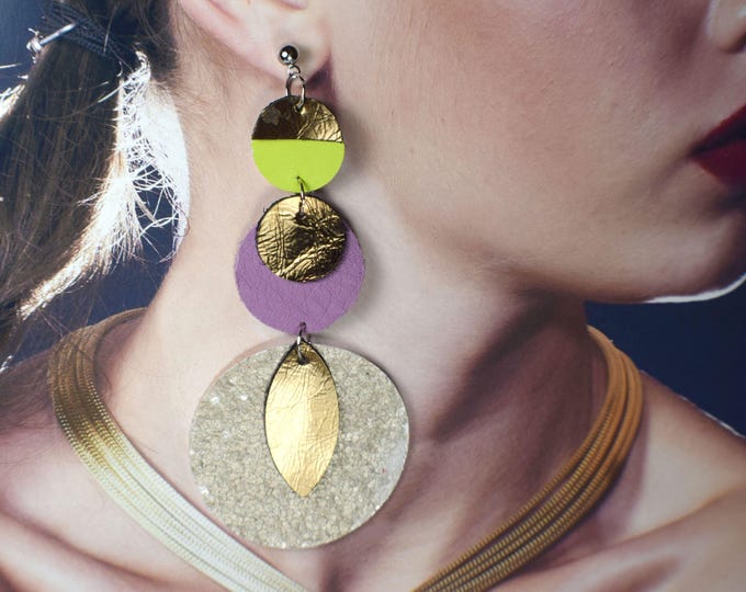 Bold Colorful Leather Earrings, Bronze, Lime, Orange, Purple, Metal Hoops, Big Earrings, Boho Leather Jewelry
