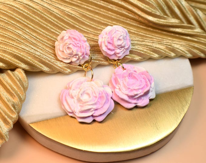 Pink Rose Earrings, Rose Earrings, Pink Boho Earrings, Clay Earrings, Summer Earrings