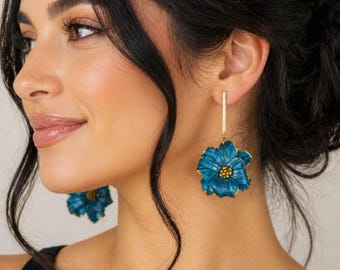 Teal Blue Floral Polymer Clay Earrings, Gold Bar Dangle, Handmade Statement Jewelry