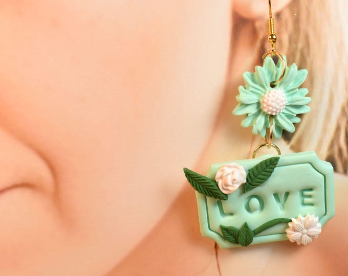 Mint Green Earrings, Love Earrings, Pink Earrings, Positive Words Earrings, Positive Power