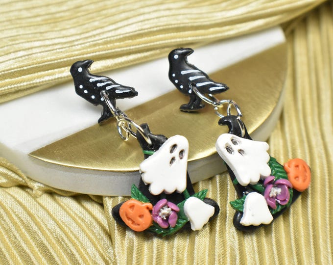 Halloween Witches Hat Earrings with Raven Birds, Ghosts, Pumpkins & Flowers