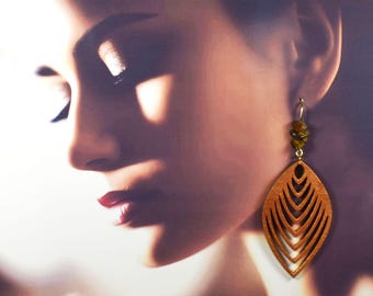 Hand-Painted Gold African Wood Earrings with Tiger's Eye Beads