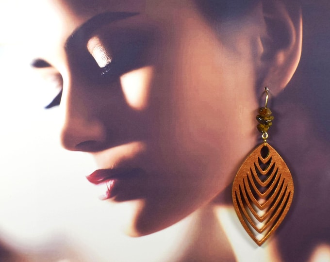 Big Bold Gold African Wood Earrings, Tiger's Eye Stone Hippie Earrings