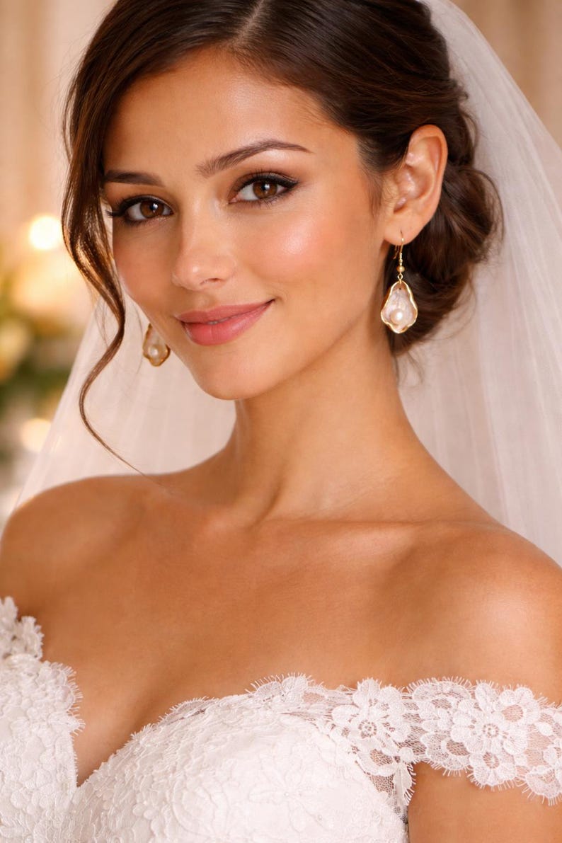 May include: A bride wearing a white off-the-shoulder lace wedding dress and veil. She is wearing gold earrings with a pearl-like center. Her hair is styled in an updo with loose curls framing her face. She has a soft, natural makeup look.