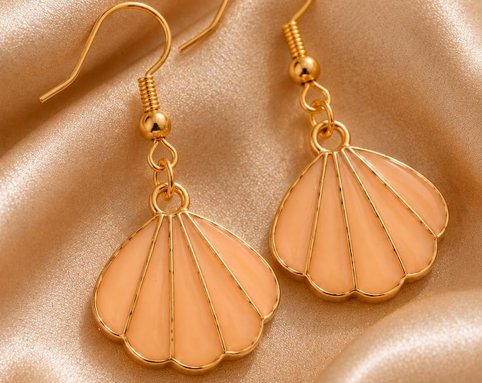 Peach Seashell Earrings, Gold Coastal Jewelry, Beach Lover Gift, Ocean Inspired Dangle Earrings, Summer Vacation Accessory
