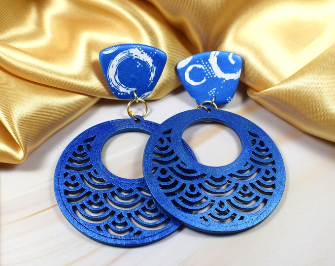 Blue Breeze Modern Statement Wood Circle Earrings, Electric Ocean Cutout Hoop Earrings