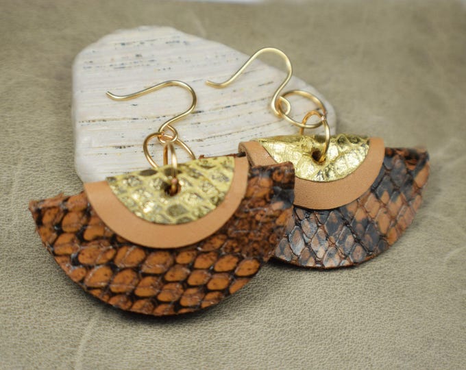 Boho Unique Leather Earrings, Gold Earrings, "The Caryn" Earrings, Animal Print Leather, Half Moon Earrings, Leather Jewelry