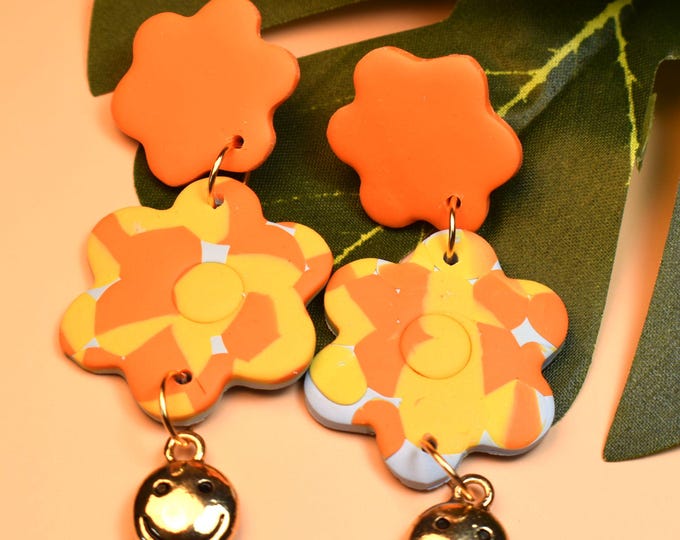 Smiley Face Clay Earrings, Orange Earrings, Fun Earrings, Summer Earrings, Charm Earrings