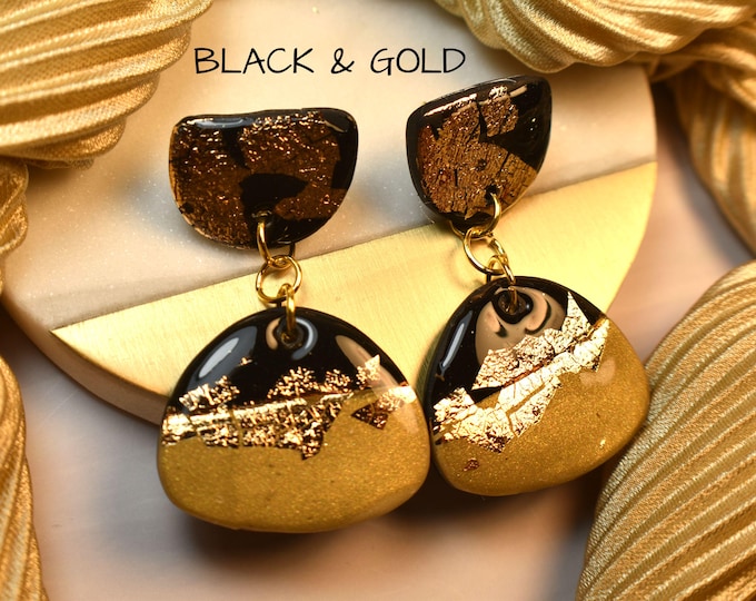 Black & Gold Leaf Clay Earrings: Elegant Fall Fashion