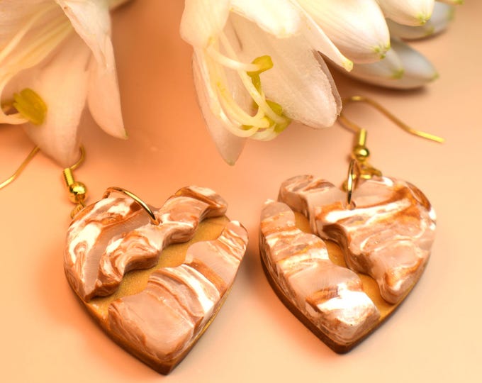 Stone Heart Earrings, Faux Stone Clay Earrings, Caramel Stone Earrings