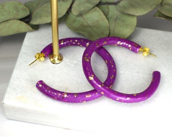 Purple Clay Hoop Earrings: Gold Leaf Boho Jewelry