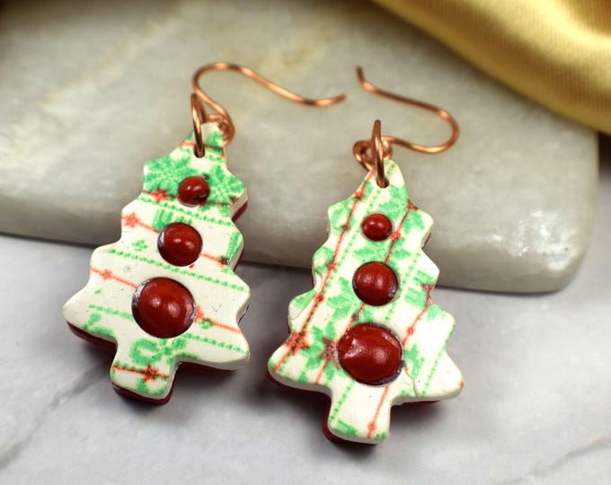 Christmas Cookie Tree Clay Earrings, Mini Food Party Earrings