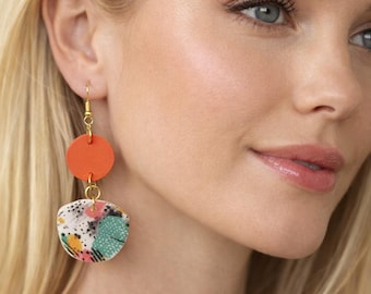 Colorful Leather Earrings, Clay Earrings, Boho Earrings, Fun Earrings, Fun Pattern Earrings