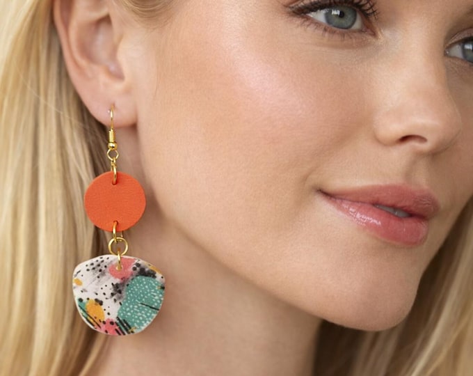 Colorful Leather Earrings, Clay Earrings, Boho Earrings, Fun Earrings, Fun Pattern Earrings
