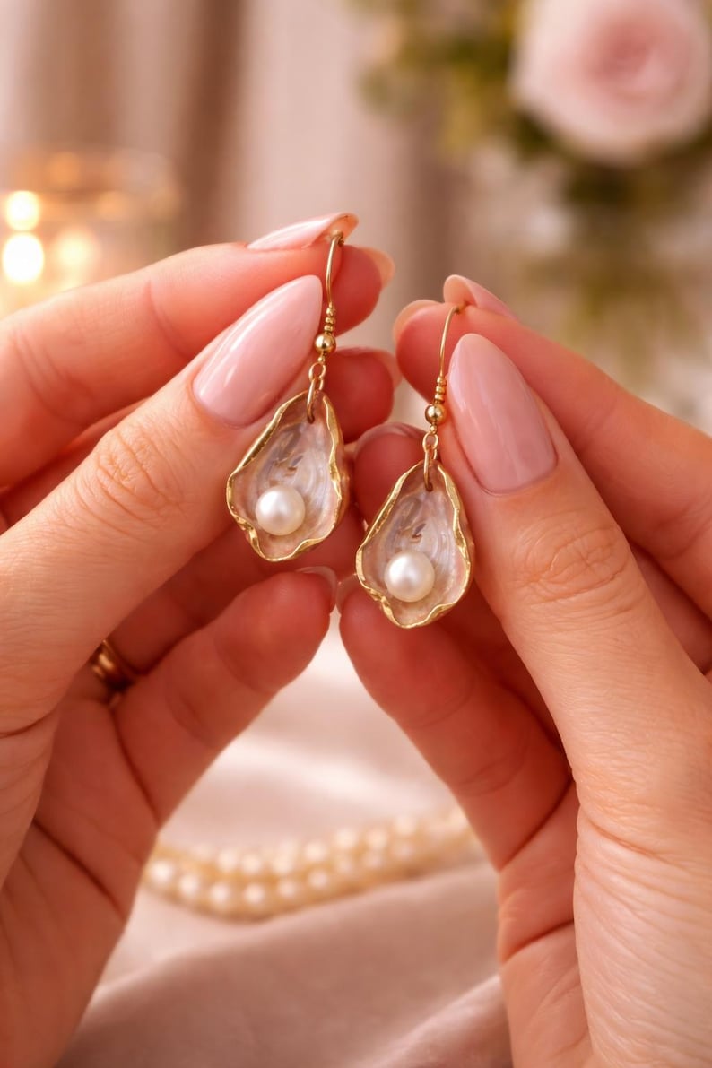 May include: Gold-tone oyster shell earrings with a white interior and a single pearl. The earrings are held up by a person. The earrings have a delicate, elegant design, perfect for special occasions.