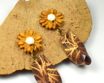 Leather Double Hoop Earrings, Flower Earrings, Clay & Leather Earrings, Brown Leather, Painted Earrings