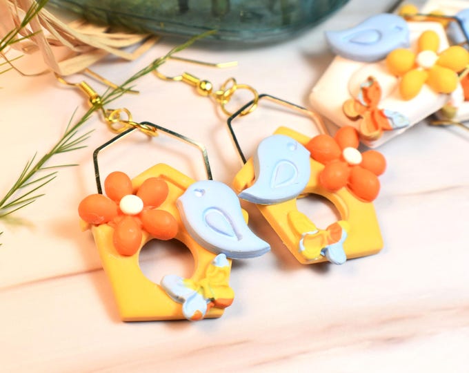 Birdhouse Earrings, Bird Earrings, Flower Earrings & Butterfly Earrings, Summer Earrings, Clay Earrings, Trendy Earrings, Nature Earrings