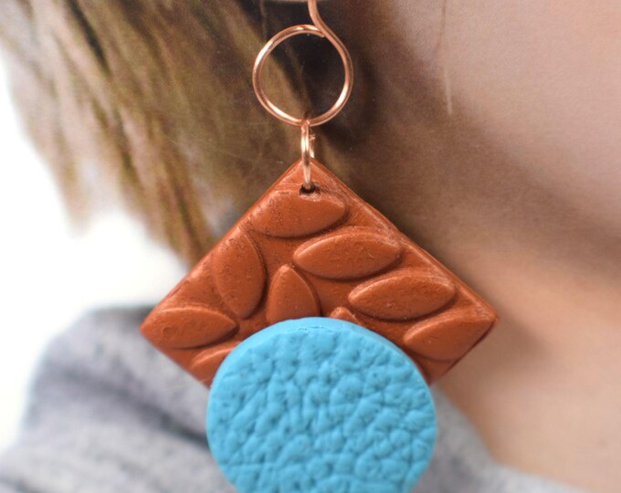Modern Statement Clay Earrings, Bronze and Blue Earrings