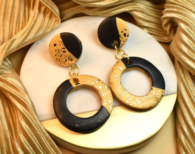 Black & Tan Clay Circular Earrings, Circle Gold Leaf Earring, Geo Earrings