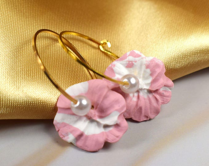 Handmade Pink Clay Flower Hoop Earrings: Lightweight Statement Jewelry