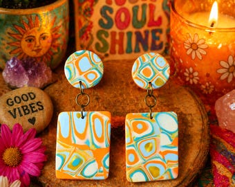Retro Hippie Earrings, Handmade 60s Inspired Polymer Clay Dangle Earrings, Boho Statement Jewelry