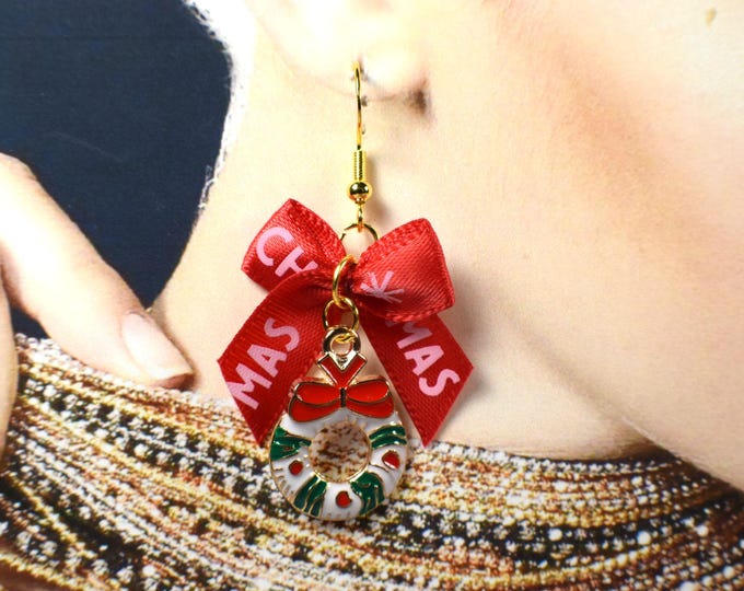 Christmas Charm and Bow Earrings, Gold Plated Charms, Mini Fabric Bows, Holiday Jewelry