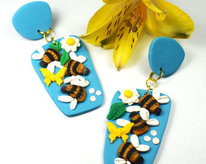 Bumble Bee Earrings, Clay Butterfly & Flower Earrings, Boho Fun Earrings, Blue Earrings, Cute Earrings