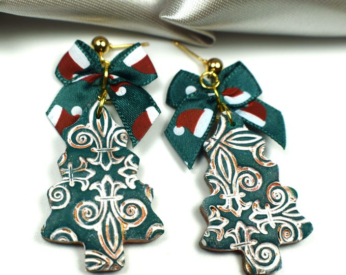 Christmas Tree and Bow Earrings, Holiday Jewelry