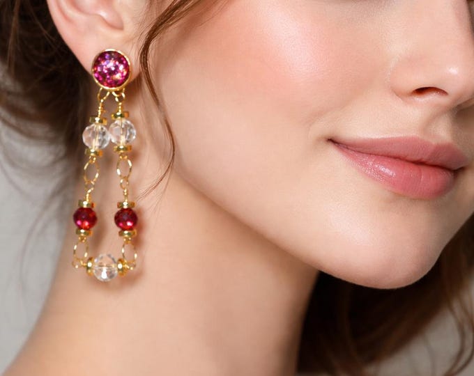 Front and Back Double Hot Pink Glitter and Clear Crystal Statement Earrings, Sparkling Gold Drop Earrings, Elegant Jewelry Gift