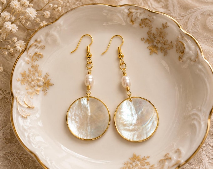 Mother of Pearl Disc Earrings, Gold Freshwater Pearl Dangle, Coastal Chic Boho Luxe