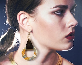 Statement Leather and Stone Clay Earrings, Lightweight, Hypoallergenic