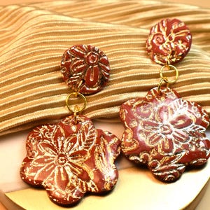 Red Flower Clay Earrings, Gold Leaf Earrings, Nature Earrings, Elegant Earrings