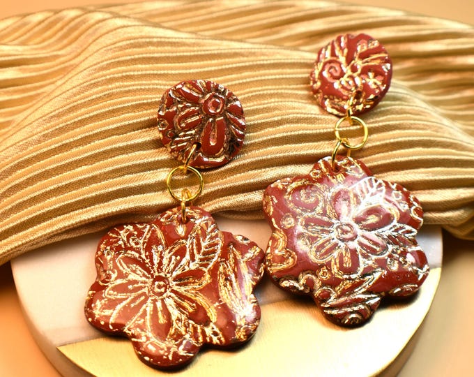 Red Flower Clay Earrings, Gold Leaf Earrings, Nature Earrings, Elegant Earrings