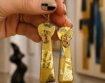 Gold Leaf Statement Earrings, Handmade Polymer Clay Earrings, Modern Gold Dangle Earrings, Artistic Jewelry