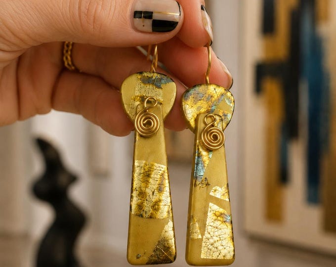 Gold Leaf Statement Earrings, Handmade Polymer Clay Earrings, Modern Gold Dangle Earrings, Artistic Jewelry