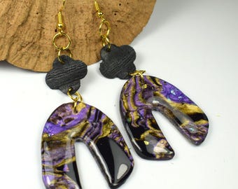 Leather & Clay Earrings, Amethyst Earrings, Earrings Gift for Her, Boho Earrings, Purple Earrings