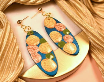 Clay Oval Earrings, Dot Geometric Earrings, Metallic Blue & Gold Colors