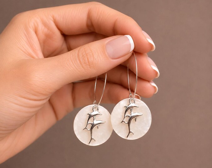 Silver Dolphin Earrings, Mother of Pearl Hoop Earrings, Ocean Inspired Jewelry, Beach Lover Gift for Women, Coastal Nautical Dangle Earrings