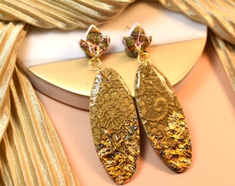 Gold Leaf Clay Earrings, Boho Oval Earrings