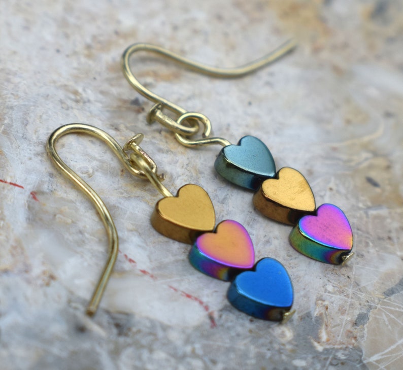 Gemstone Heart Earrings Spinner Earrings Hematine Earrings image 0