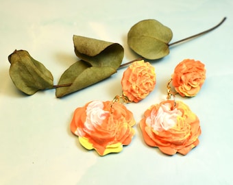 Rose Earrings, Golden Yellow Earrings, Orange and White Rose Earrings, Nature Earrings