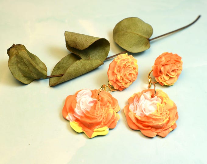 Rose Earrings, Golden Yellow Earrings, Orange and White Rose Earrings, Nature Earrings
