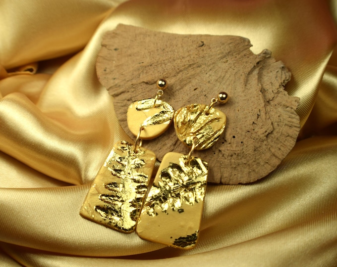 Botanical Statement Gold Leaf Earrings, Garden Herb Clay Jewelry