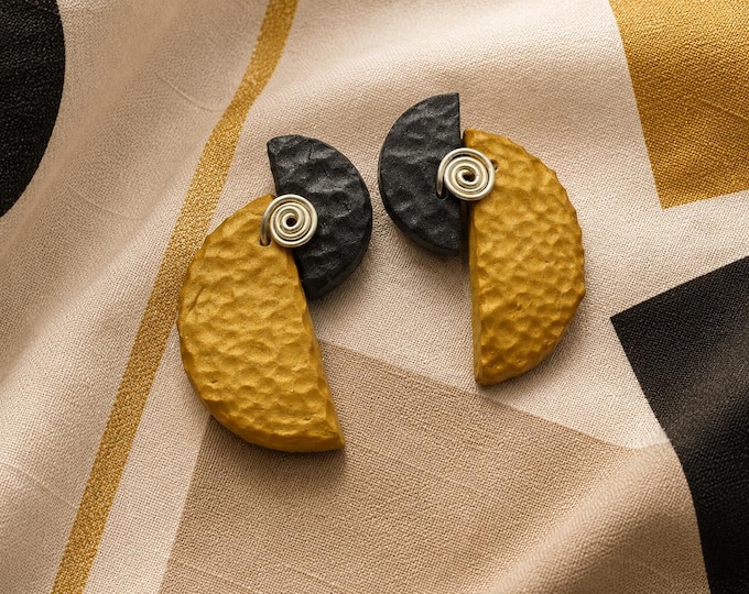 Modern Geometric Polymer Clay Earrings, Black Gold Statement Earrings, Minimalist Artisan Jewelry, Art Earrings