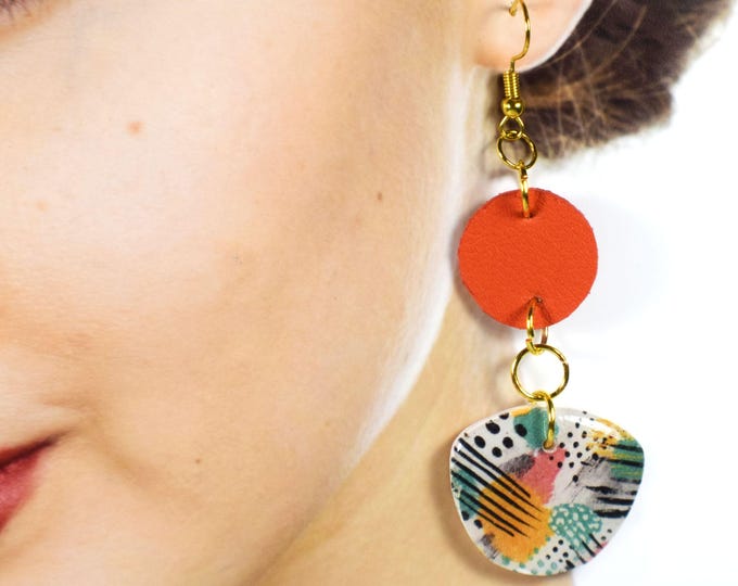 Colorful Leather Earrings, Clay Earrings, Boho Earrings, Fun Earrings, Fun Pattern Earrings